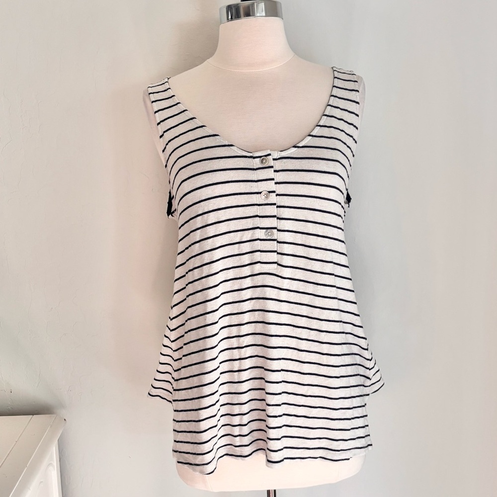 Cameo Beige & Black Stripe Henley Tank Hi-lo Hem Button Back Detail, Sz M